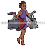 Brown Knots Hairs Woman Holding Shopping Bags Wearing Heel Shoes Hot Purple Dress Showing Gold Golden Earrings Jewelry Lipstick Makeup Hair Girl Lady SVG JPG PNG Vector Clipart Cricut Silhouette Cut Cutting