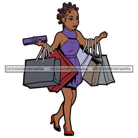 Brown Knots Hairs Woman Holding Shopping Bags Wearing Heel Shoes Hot Purple Dress Showing Gold Golden Earrings Jewelry Lipstick Makeup Hair Girl Lady SVG JPG PNG Vector Clipart Cricut Silhouette Cut Cutting
