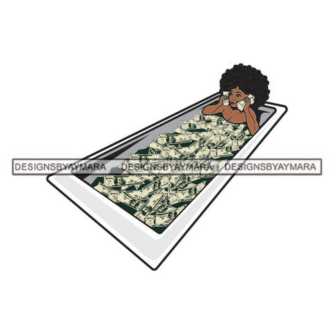 Curly Hairs Woman Having Shower Dollar Dollars Cash Money Bath Tub Holding stack Cash Naked Nude Girl Hair SVG JPG PNG Vector Clipart Cricut Silhouette Cut Cutting