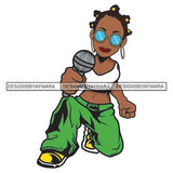 Brown Knots Hairs Woman Holding Reporter Mic Interview Wearing Blouse Green Pant Yellow Shoes Googles Sunglasses Showing Gold Golden Earrings Jewelry Lipstick Makeup Hair Girl Lady SVG JPG PNG Vector Clipart Cricut Silhouette Cut Cutting