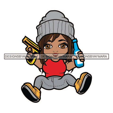 Little Baby Gangster Girl Kid Child Sitting Wearing Beanie Cap Sneakers Holding Pistol Gun Bottle Drink Juice SVG JPG PNG Vector Clipart Cricut Silhouette Cut Cutting
