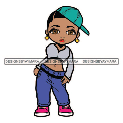 Little Baby Stylish Girl Kid Child Standing Wearing Blouse Pant Sneakers Hat Makeup Jewelry Earrings SVG JPG PNG Vector Clipart Cricut Silhouette Cut Cutting