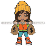 Little Smiling Baby Gangster Straight Hairs Girl Kid Child Standing Wearing Chain Necklace Pant Shirt Sneakers Holding Dollar Money Cash Bags SVG JPG PNG Vector Clipart Cricut Silhouette Cut Cutting