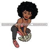 Smiling Gangster Curly Hairs Woman Sitting Wearing Ripped Pant Bra Sneakers Holding Dollar Cash Money SVG JPG PNG Vector Clipart Cricut Silhouette Cut Cutting