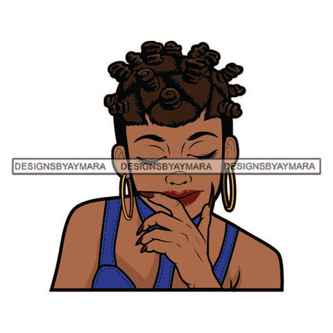 Smiling Curly Hairs Woman Sitting Thinking Wearing Shirt Dress Hair Knots Lipstick Closed Eyes Earrings Jewelry SVG JPG PNG Vector Clipart Cricut Silhouette Cut Cutting