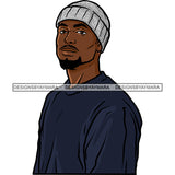 Black Man French Beard Mustache Wearing Blue Sweet Shirt White Beanie Cap Standing Sideview Nubian African American Boy SVG JPG PNG Vector Clipart Cricut Silhouette Cut Cutting