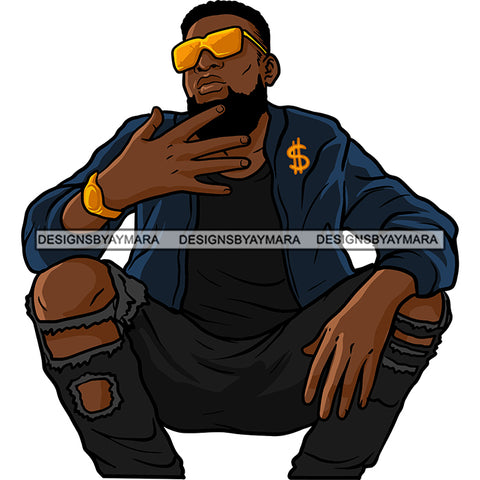 Black Man Long Beard Wearing Black Ripped Pant Shirt Blue Jacket Sitting Golden Gold Watch Sunglasses Nubian African American Boy SVG JPG PNG Vector Clipart Cricut Silhouette Cut Cutting