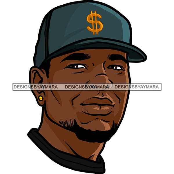 Black Man Face French Beard Wearing Cash Money Dollar Sign Hat Sideview Golden Gold Tops Earrings Jewelry Nubian African American Boy SVG JPG PNG Vector Clipart Cricut Silhouette Cut Cutting