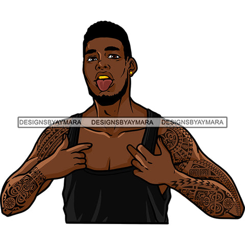 Black Man Beard Wearing Black Vest Arm Tattoo Golden Gold Jewelry Earrings Teeth Showing Sticking Tongue Nubian African American Boy SVG JPG PNG Vector Clipart Cricut Silhouette Cut Cutting