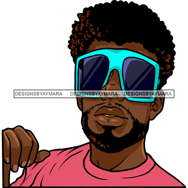 Black Curly Hairs Man Beard Mustache Wearing Pink Shirt Blue Sunglasses Standing Hair Nubian African American Boy SVG JPG PNG Vector Clipart Cricut Silhouette Cut Cutting