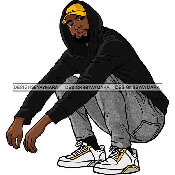 Black Man Beard Mustache Wearing Hoodie Jeans Pant Yellow Hat White Sneakers Shoes Sitting Staring Nubian African American Boy SVG JPG PNG Vector Clipart Cricut Silhouette Cut Cutting