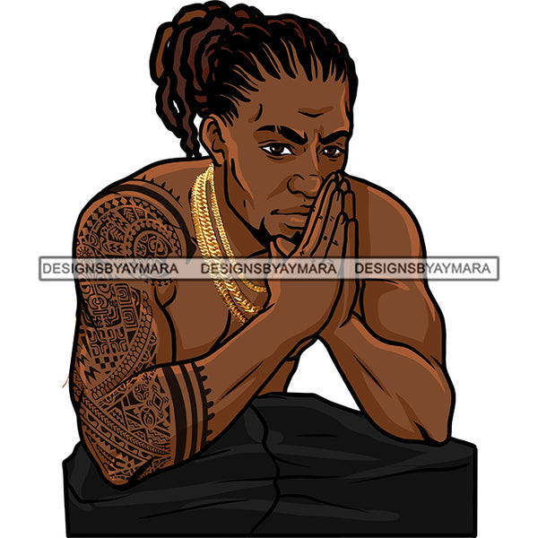 Black Man French Beard Wearing Golden Gold Chain Necklace Pant Sitting Staring Dope Street Gangster Bisep Chest Curly Hairs Hair Arm Tattoo Nubian African American Boy SVG JPG PNG Vector Clipart Cricut Silhouette Cut Cutting