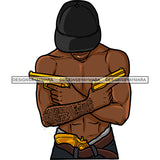 Black Man Wearing Pant Hat Arm Tattoo Holding Golden Gold Pistol Guns Gun Hands Dope Street Gangster Bisep Chest Curly Hairs Hair Arm Tattoo Nubian African American Boy SVG JPG PNG Vector Clipart Cricut Silhouette Cut Cutting