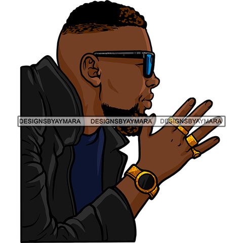 Black Long Beard Man Wearing Sun Glasses Blue Shirt Jacket Golden Gold Watch Rings Ring Curly Hairs Hair Sideview Nubian African American Boy SVG JPG PNG Vector Clipart Cricut Silhouette Cut Cutting