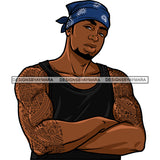 Black Man Beard Wearing Black Vest Blue Cap Standing Staring Folded Arms Both Arm Tattoo Body Builder Bisep Nubian African American Boy SVG JPG PNG Vector Clipart Cricut Silhouette Cut Cutting