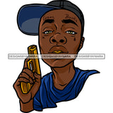 Black Man Face Holding Gold Pistol Gun Golden Teeth Wearing Blue Shirt Cap Hat Nubian African American Boy SVG JPG PNG Vector Clipart Cricut Silhouette Cut Cutting