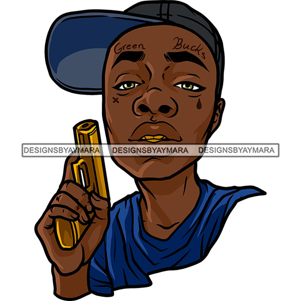 Black Man Face Holding Gold Pistol Gun Golden Teeth Wearing Blue Shirt Cap Hat Nubian African American Boy SVG JPG PNG Vector Clipart Cricut Silhouette Cut Cutting