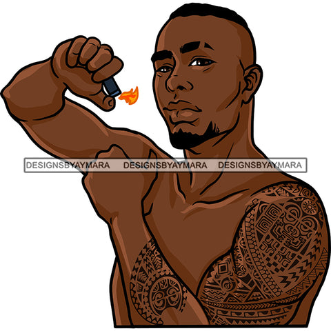 Black Man Beard Standing Staring Arm Tattoo Burning Fire Flame Lighter Dope Street Gangster Bisep Nubian African American Boy SVG JPG PNG Vector Clipart Cricut Silhouette Cut Cutting