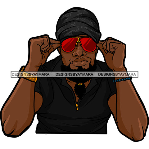 Black Man Long Beard Sitting Staring Wearing Black Shirt Cap Beanie Red Sunglasses Gold Watch Bracelet Jewelry Nubian African American Boy SVG JPG PNG Vector Clipart Cricut Silhouette Cut Cutting