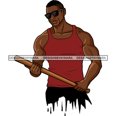 Black Man Standing Wearing Red Vest Sunglasses Holding Baseball Bat Gangster Hustler Hustle Paint Dripping Body Builder Bisep Nubian African American Boy SVG JPG PNG Vector Clipart Cricut Silhouette Cut Cutting