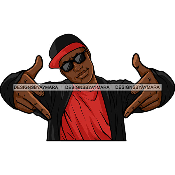 Black Man Smiling Wearing Black Hoodie Jacket Red Shirt Hat Cap Sunglasses Standing Nubian African American Boy SVG JPG PNG Vector Clipart Cricut Silhouette Cut Cutting