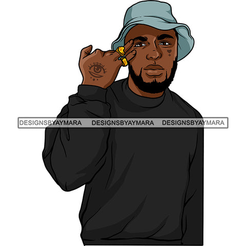 Black Man Beard Wearing Black Shirt Blue Hat Cap Heart Eye Tattoo Golden Gold Ring Rings Nubian African American Boy SVG JPG PNG Vector Clipart Cricut Silhouette Cut Cutting