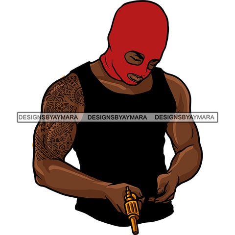 Black Man Standing Wearing Black Vest Ski Mask Red Arm Tattoo Holding Revolver Gun Weapon Gangster Hustler Hustle Dope Street Gangster Bisep Nubian African American Boy SVG JPG PNG Vector Clipart Cricut Silhouette Cut Cutting