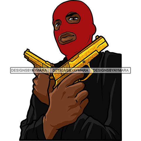 Black Man Standing Wearing Jacket Ski Mask Red Arm Tattoo Holding Golden Gold Pistol Gun Weapon Weapons Gangster Hustler Hustle Dope Street Gangster Bisep Nubian African American Boy SVG JPG PNG Vector Clipart Cricut Silhouette Cut Cutting