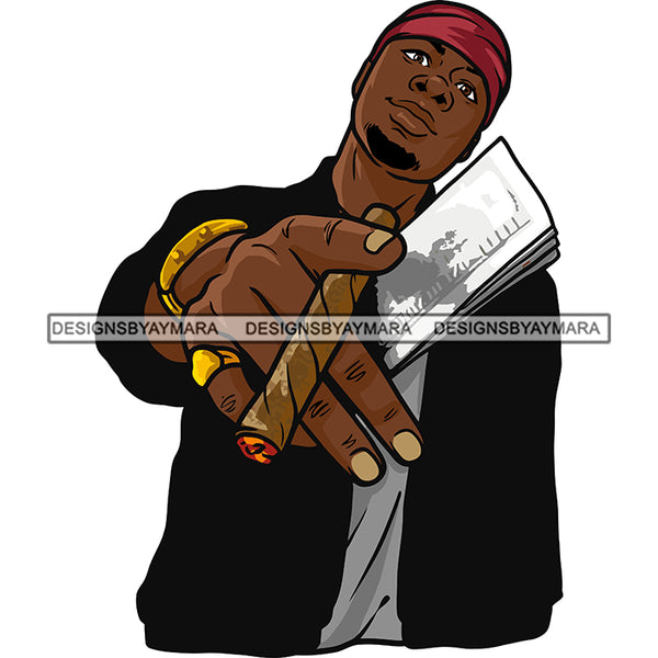 Black Beard Man Standing Wearing Jacket Beanie Cap Holding Cigarette Cigar Cash Money Golden Gold Watch Ring Gangster Hustler Hustle Dope Street Gangster Bisep Nubian African American Boy SVG JPG PNG Vector Clipart Cricut Silhouette Cut Cutting