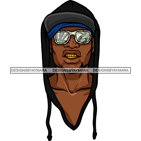 Black Beard Man Face Wearing Hoodie White Sunglasses Golden Gold Teeth  Nubian African American Boy SVG JPG PNG Vector Clipart Cricut Silhouette Cut Cutting