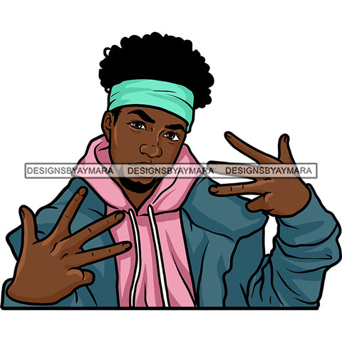 Black Beard Man Standing Wearing Pink Hoodie Blue Jacket Head Band Gangster Hustler Hustle Dope Street Gangster Bisep Nubian African American Boy SVG JPG PNG Vector Clipart Cricut Silhouette Cut Cutting