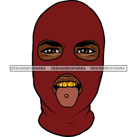 Black Man Wearing Red Ski Mask Golden Gold Teeth Showing Sticking Tongue Nubian African American Boy SVG JPG PNG Vector Clipart Cricut Silhouette Cut Cutting