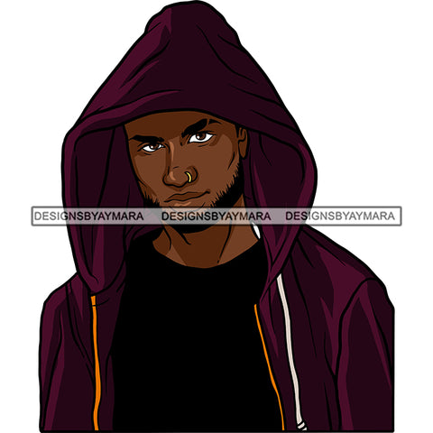 Bold Black Man Beard Wearing Black T-Shirt Purple Zipper Hoodie Standing Staring  Golden Gold Jewelry Nose Pin Nubian African American Boy SVG JPG PNG Vector Clipart Cricut Silhouette Cut Cutting