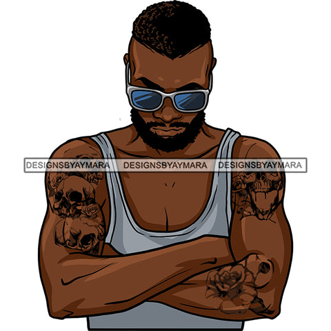 Black Man Beard Mustache Wearing White Vest Sunglasses Standing Staring Both Arm Tattoo Nubian African American Boy SVG JPG PNG Vector Clipart Cricut Silhouette Cut Cutting