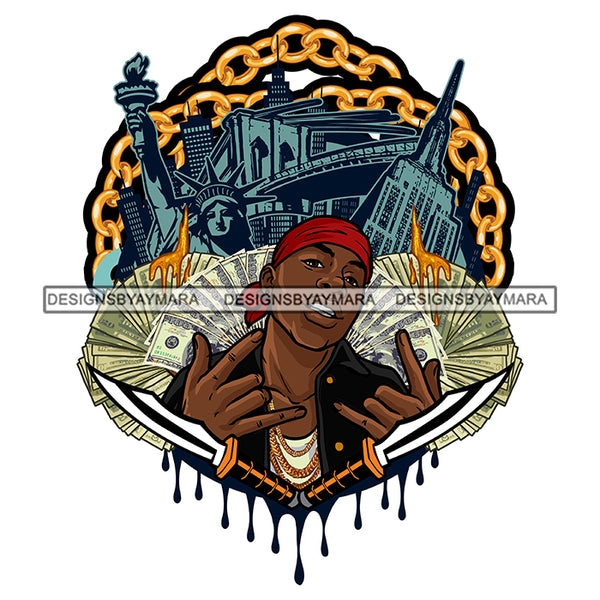 Black Man Standing Wearing White Vest Jacket Red Cap Napkin Cash Money Knife Weapon Golden Gold Chain Necklace Jewelry Gangster Hustler Hustle Nubian African American Boy SVG JPG PNG Vector Clipart Cricut Silhouette Cut Cutting