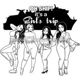 Afro Ladies Getaway Vacation Trip Cruise Ship Bahamas Friends Logo Banner B/W SVG JPG PNG Vector Clipart Cricut Silhouette Cut Cutting