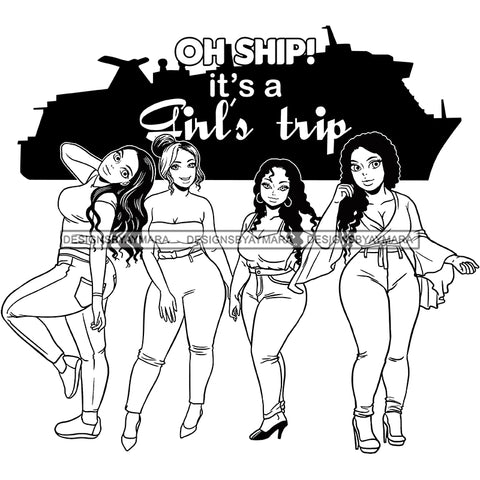 Afro Ladies Getaway Vacation Trip Cruise Ship Bahamas Friends Logo Banner B/W SVG JPG PNG Vector Clipart Cricut Silhouette Cut Cutting