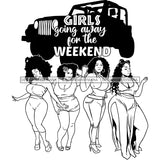 Afro Ladies Getaway Vacation Road Trip Divas Friends Having Fun Logo Banner B/W SVG JPG PNG Vector Clipart Cricut Silhouette Cut Cutting