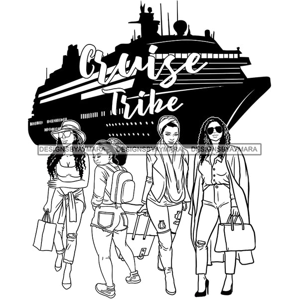 Ladies Getaway Vacation Trip Best Friends Traveling Cruise Ship Logo Banner B/W SVG JPG PNG Vector Clipart Cricut Silhouette Cut Cutting