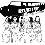 Afro Ladies Getaway Vacation Road Trip Best Friends Divas Logo Banner B/W SVG JPG PNG Vector Clipart Cricut Silhouette Cut Cutting