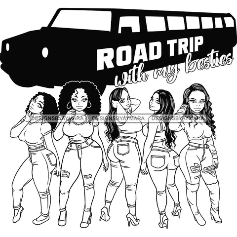 Afro Ladies Getaway Vacation Road Trip Best Friends Divas Logo Banner B/W SVG JPG PNG Vector Clipart Cricut Silhouette Cut Cutting