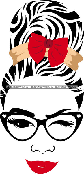 Woman Wearing Glasses Make Up Model Red Lips Long Eyelashes Wink Eye SVG JPG PNG Layered Cutting Files For Silhouette Cricut and More