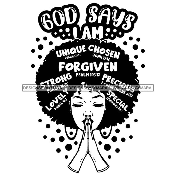 Afro Woman Hair Religious Quotes Bible Verses Praying Faithful Jesus Illustration B/W SVG JPG PNG Vector Clipart Cricut Silhouette Cut Cutting