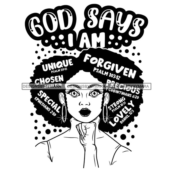 Afro Woman Hair Religious Quotes Bible Verses Faith Jesus Illustration B/W SVG JPG PNG Vector Clipart Cricut Silhouette Cut Cutting