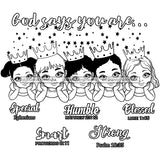 God Says You Are Bible Verses Crowned Baby Girls Stars Background B/W SVG JPG PNG Vector Clipart Cricut Silhouette Cut Cutting