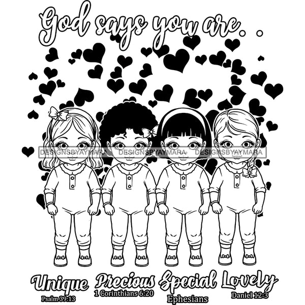 God Says You Are Bible Verses Lovely Toddlers Girls Wearing Onesies Hearts B/W SVG JPG PNG Vector Clipart Cricut Silhouette Cut Cutting