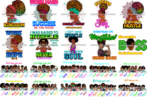Bundle 20 Designs Afro Woman Hustle Melanin Diva Quotes Nubian Unique African American Graphics SVG PNG JPG Cutting Files Silhouette Cricut