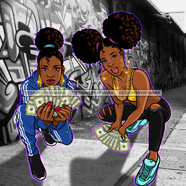 2 Sista's Kneeling Fanning Money Dollar Bills Graffiti Wall JPG PNG  Clipart Cricut Silhouette Cut Cutting