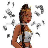 Black Queen Long Braid Wearing Crown Flying Dollar Bills JPG PNG  Clipart Cricut Silhouette Cut Cutting