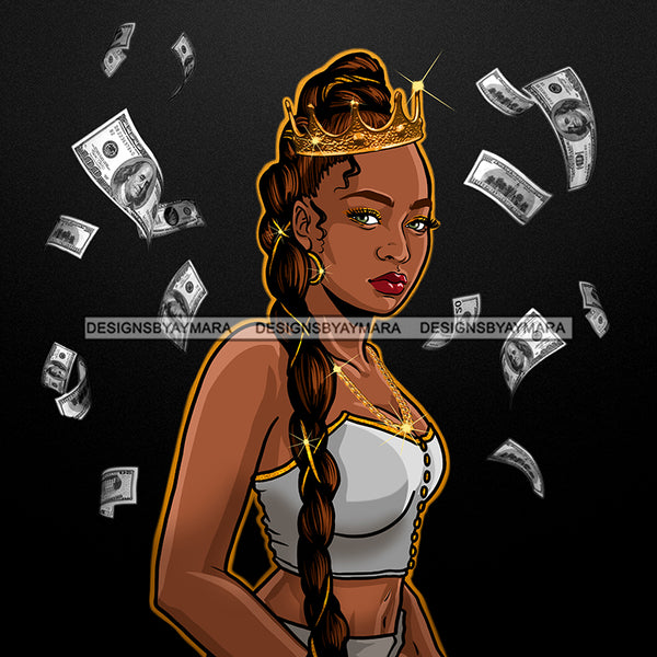 Black Queen Long Braid Wearing Crown Flying Money Dollar Bills JPG PNG  Clipart Cricut Silhouette Cut Cutting